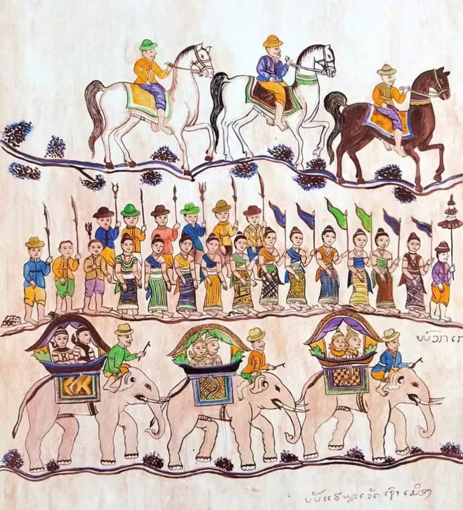 Rước Vua, 2023 The King procession , 2023 (Chép lại tranh tường chùa ở tỉnh Savannakhet) Khamsouk Keovongsay Acrylic trên vải 80 x 80cm Rước Vua, 2023 The King procession , 2023 (Chép lại tranh tường chùa ở tỉnh Savannakhet) Khamsouk Keovongsay Acrylic trên vải 80 x 80cm