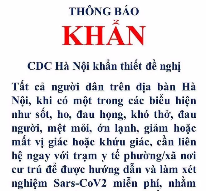 Thông báo khẩn của CDC Hà Nội ngày 2-8