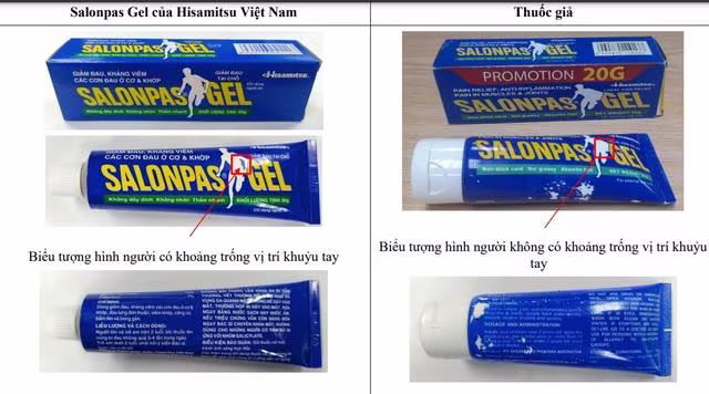 Hướng dẫn nhận biết thuốc Salonpas Gel thật và giả trên thị trường (ảnh Cục Quản lý Dược cung cấp)