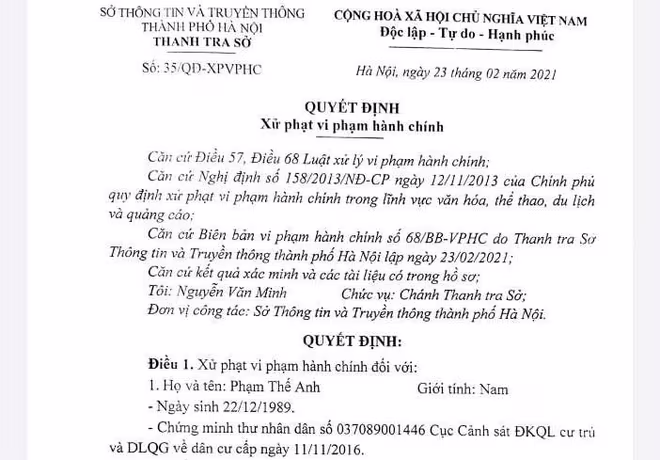 Quyết định xử phạt ông Phạm Thế Anh do vi phạm về quảng cáo