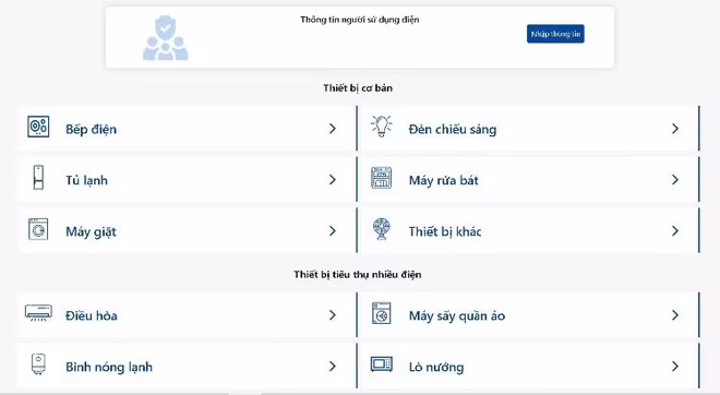 Công cụ tính lượng điện tiêu thụ của các thiết bị trong gia đình Công cụ tính lượng điện tiêu thụ của các thiết bị trong gia đình