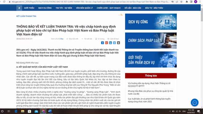 Kết luận tranh tra của Thanh tra Bộ TT-TT đối với Báo Pháp luật Việt Nam
