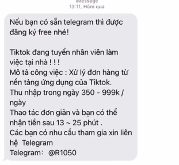 Tin nhắn lừa đảo trực tuyến rủ rê người dùng chuyển qua Telegram Tin nhắn lừa đảo trực tuyến rủ rê người dùng chuyển qua Telegram