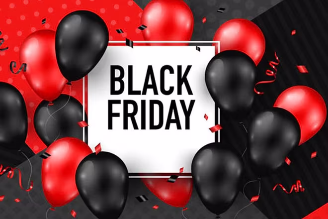 Biển quảng cáo Black Friday của một cửa hàng công nghệ Biển quảng cáo Black Friday của một cửa hàng công nghệ