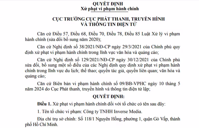 Quyết định xử phạt vi phạm hành chính Công ty TNHH Inverse Media Quyết định xử phạt vi phạm hành chính Công ty TNHH Inverse Media