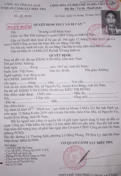 Lệnh truy nã nguy hiểm đối tượng Đặng Văn Hải Lệnh truy nã nguy hiểm đối tượng Đặng Văn Hải