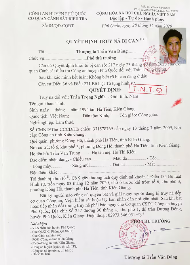 Lệnh truy nã Trần Trọng Nghĩa của Cơ quan CSĐT CAH Phú Quốc, Kiên Giang Lệnh truy nã Trần Trọng Nghĩa của Cơ quan CSĐT CAH Phú Quốc, Kiên Giang