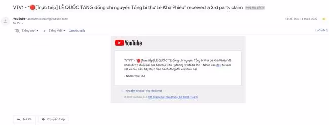 Một đoạn video có ghi VTV1 trực tiếp lễ quốc tang một đồng chí nguyên cấp cao lãnh đạo Đảng được cho là bị BH Media yêu cầu xác nhận bản quyền