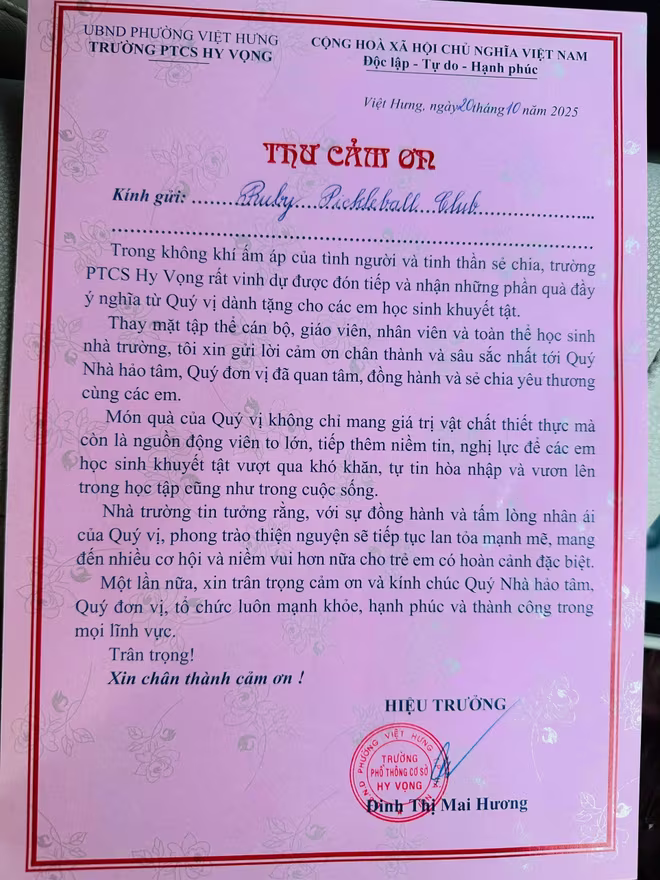 Đinh Thị Mai Hương, Hiệu trưởng Trường phổ thông cơ sở Hy Vọng gửi thư cảm ơn tình cảm của Câu lạc bộ RuBy Pickleball