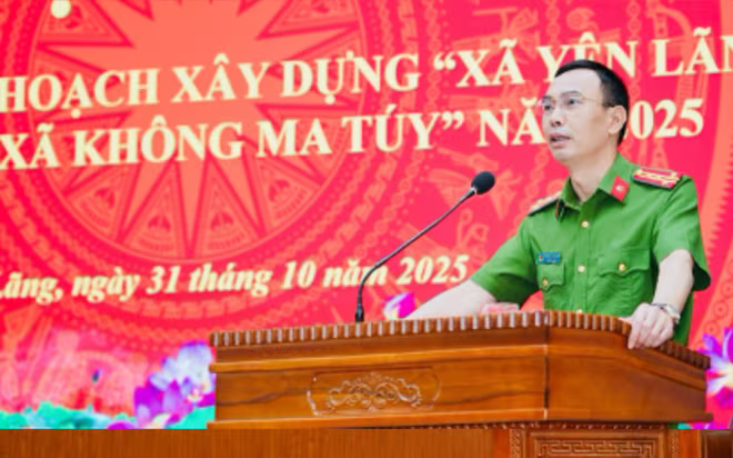 Đại tá Trương Văn Hồng - Trưởng phòng Cảnh sát điều tra tội phạm về ma túy, Công an thành phố Hà Nội phát biểu tại hội nghị triển khai Kế hoạch xây dựng “Xã Yên Lãng trở thành xã không ma túy” năm 2025”.