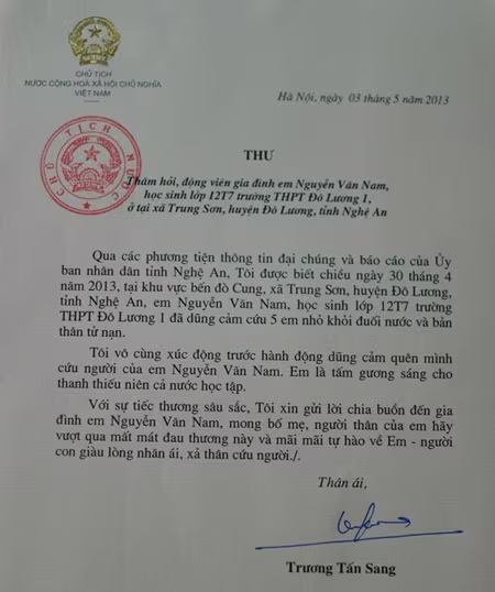 Chủ tịch nước gửi thư thăm hỏi gia đình nam sinh cứu sống 5 em nhỏ ảnh 1 Chủ tịch nước gửi thư thăm hỏi gia đình nam sinh cứu sống 5 em nhỏ ảnh 1