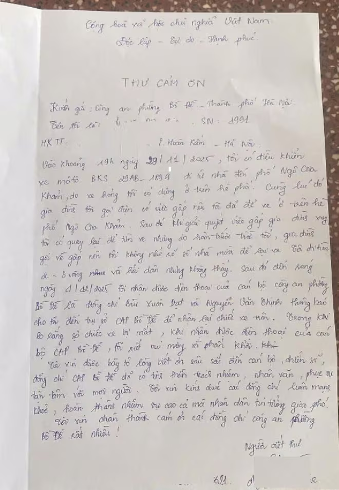 Lá thư cảm ơn của chị L gửi đến Công an phường Bồ Đề