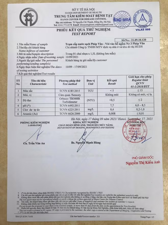 Một kết quả kiểm định chất lượng nước gần nhất tại khu đô thị Pháp Vân - Tứ Hiệp Một kết quả kiểm định chất lượng nước gần nhất tại khu đô thị Pháp Vân - Tứ Hiệp