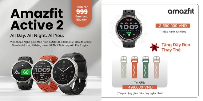 999 đồng hồ Amazfit Active 2 đầu tiên được tặng kèm dây đeo thay thế chính hãng Amazfit trị giá 499,000 VND (dây giao màu ngẫu nhiên)