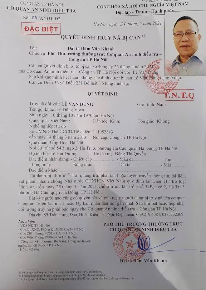 Quyết định Truy nã đặc biệt đối với Lê Văn Dũng (Lê Dũng Vova)