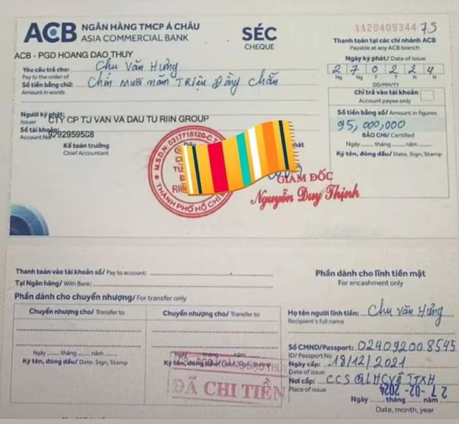 Tấm séc rút tiền mà Riin Group cho rằng là giả mạo