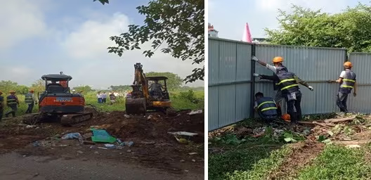 Lực lượng chức năng bắt tay rào chắn mặt bằng để phục vụ công tác thi công trong thời gian tới