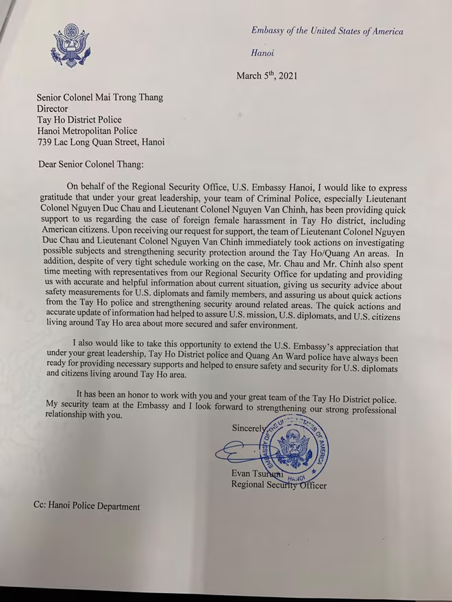 Thư cảm ơn của ngài Evan Tsurumi - Tùy viên an ninh Đại sứ quán Hoa kỳ tại Hà Nội Thư cảm ơn của ngài Evan Tsurumi - Tùy viên an ninh Đại sứ quán Hoa kỳ tại Hà Nội