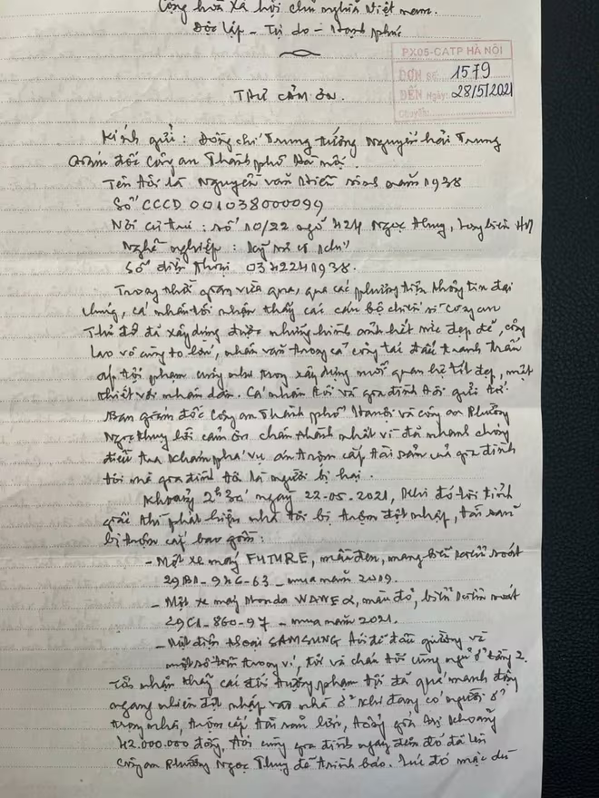 Lá thư cảm ơn gửi đến đồng chí Giám đốc CATP Hà Nội