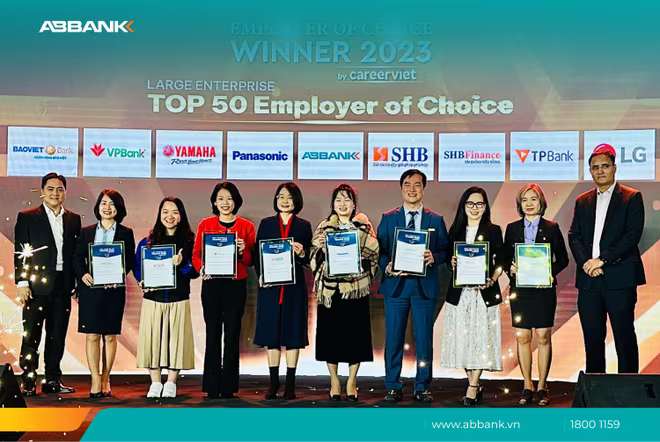 ABBANK được vinh danh vị trí thứ 8 trong Top 10 Nhà tuyển dụng được yêu thích ngành Tài chính – Ngân hàng – Chứng khoán.