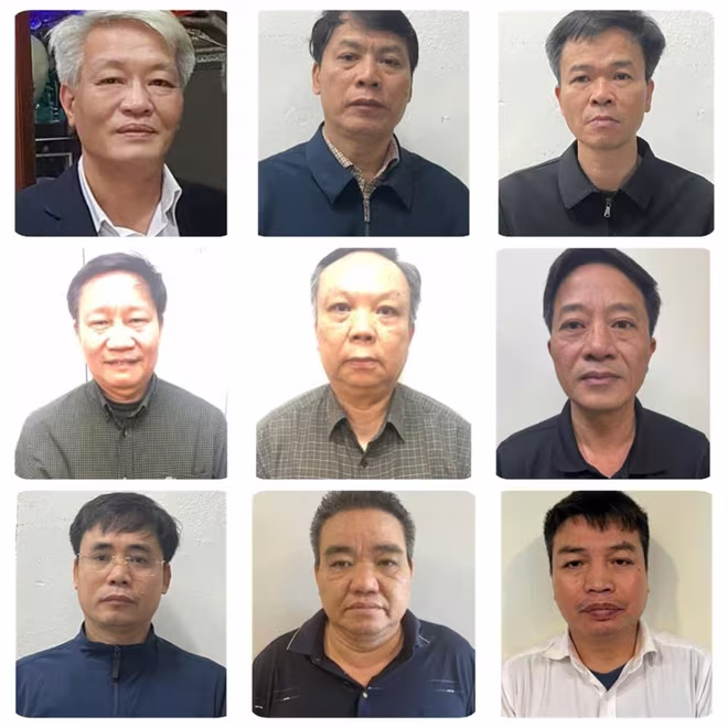 09 bị can bị khởi tố về tội "Vi phạm quy định về đấu thầu gây hậu quả nghiêm trọng", (từ trái qua phải, từ trên xuống dưới): Phạm Đông Phương, nguyên Phó Giám đốc Ban 2;Tạ Văn Thuyết, Giám đốc Ban 1; Nguyễn Văn Thuật, Trưởng phòng Kế hoạch thẩm định Ban 1; Lê Văn Hiến, nguyên Giám đốc Ban 8; Mai Quang Vượng, nguyên Phó Giám đốc Ban 8; Trần Văn Nhì, Trưởng phòng Kế hoạch thẩm định Ban 8; Nguyễn Đắc Điệp, Phó Tổng Giám đốc Công ty Cổ phần Sông Đà 5; Nguyễn Văn Dân, Giám đốc Công ty Hoàng Dân; Vũ Đình Thịnh, Phó Giám đốc Công ty Hoàng Dân.