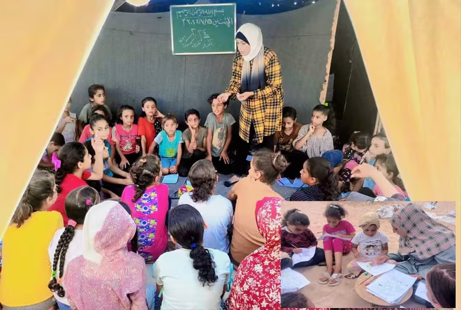 Cô giáo Asma Mustafa với trẻ em ở trại tị nạn Nuseirat, Gaza Cô giáo Asma Mustafa với trẻ em ở trại tị nạn Nuseirat, Gaza