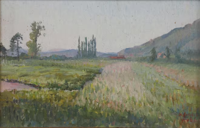 Tác phẩm Paysage aux cyprès (Menthon-Saint-Bernard - 1906), sơn dầu trên toan của vua Hàm Nghi Tác phẩm Paysage aux cyprès (Menthon-Saint-Bernard - 1906), sơn dầu trên toan của vua Hàm Nghi