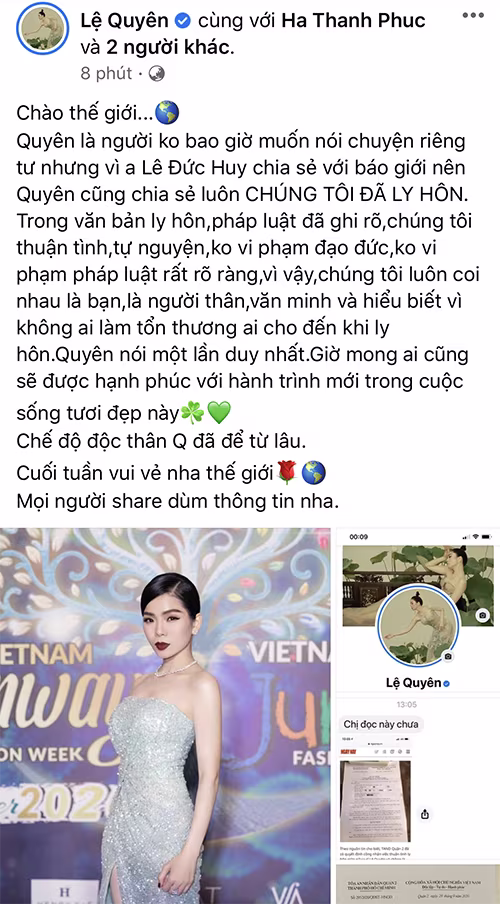 Lệ Quyên chia sẻ trên trang cá nhân Lệ Quyên chia sẻ trên trang cá nhân