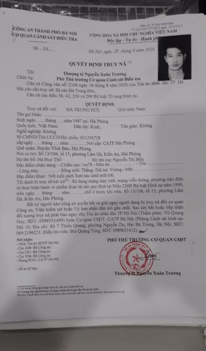 Quyết định truy nã Hà Trung Đức