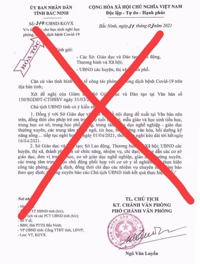 Làm giả văn bản của UBND tỉnh Bắc Ninh về việc cho học sinh nghỉ học Làm giả văn bản của UBND tỉnh Bắc Ninh về việc cho học sinh nghỉ học