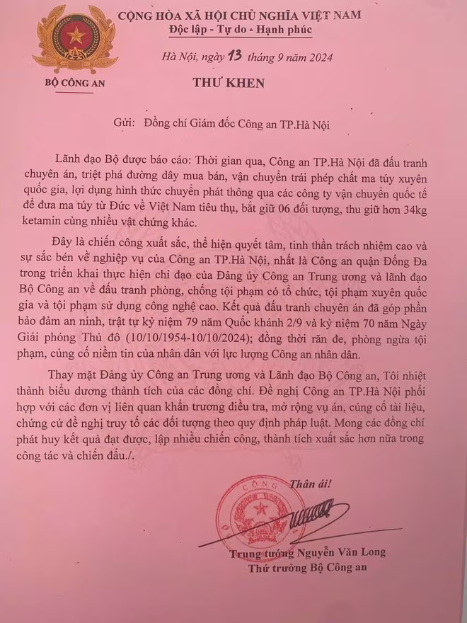 Thư khen của Trung tướng Nguyễn Văn Long - Thứ trưởng Bộ Công an Thư khen của Trung tướng Nguyễn Văn Long - Thứ trưởng Bộ Công an