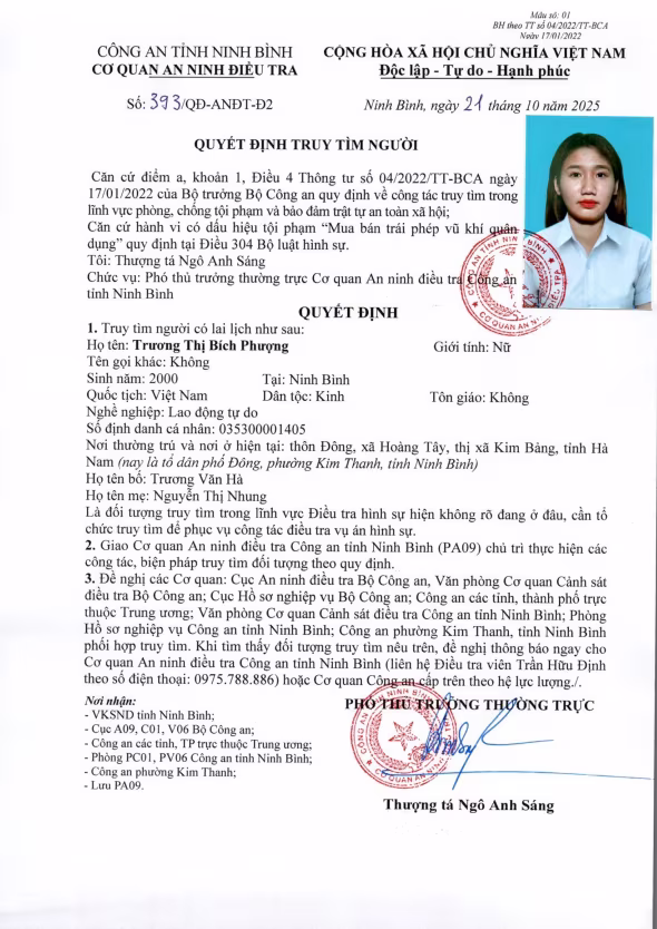 Quyết định truy tìm Trương Thị Bích Phượng Quyết định truy tìm Trương Thị Bích Phượng