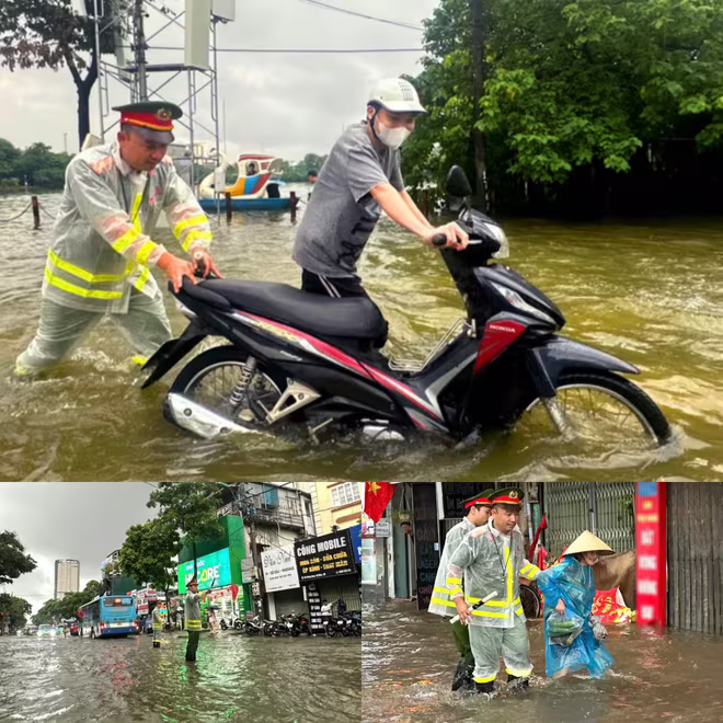 Cán bộ chiến sĩ Công an phường Hà Đông hỗ trợ người dân trong mưa bão