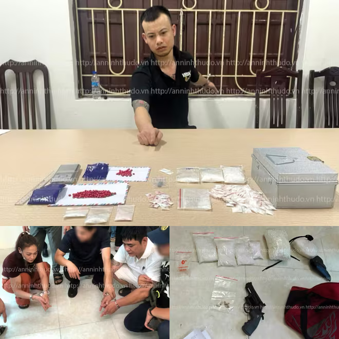 Các đối tượng Dương Anh Tuấn, Ngô Duy Nghĩa và tang vật thu giữ trong chuyên án ma túy bao gồm số lượng lớn ma túy tổng hợp, heroin, cân điện tử và khẩu súng cùng 6 viên đạn...