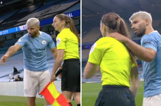 Kun Aguero bày tỏ sự không hài lòng bằng cách bá vai nữ trọng tài Kun Aguero bày tỏ sự không hài lòng bằng cách bá vai nữ trọng tài