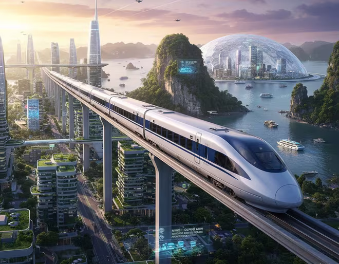 Tuyến đường sắt tốc độ cao Hà Nội- Quảng Ninh vừa được bổ sung vào quy hoạch (ảnh: AI) Tuyến đường sắt tốc độ cao Hà Nội- Quảng Ninh vừa được bổ sung vào quy hoạch (ảnh: AI)