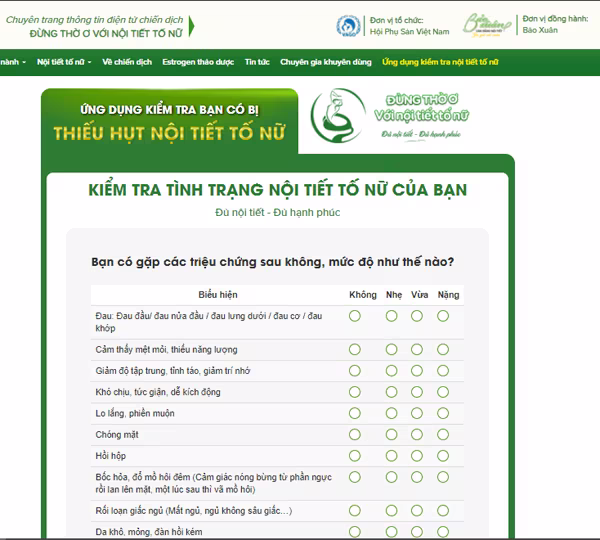 Giao diện Ứng dụng tự kiểm tra nội tiết tố nữ