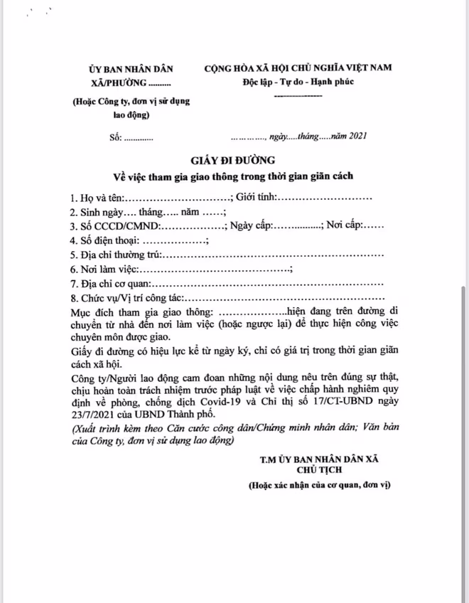Biểu mẫu giấy đi đường do UBND TP Hà Nội quy định Biểu mẫu giấy đi đường do UBND TP Hà Nội quy định