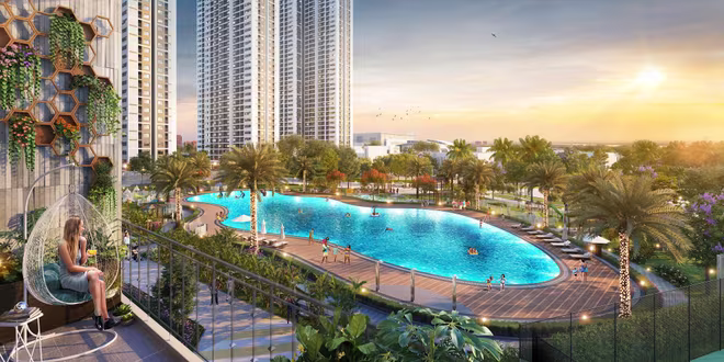 Góc view chuẩn phong cách resort ra bể bơi và nội khu xanh mướt