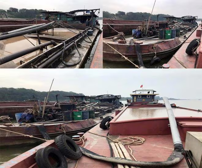 Những chiếc tàu được các đối tượng vận hành khai thác cát trái phép trên sông Hồng, bị lực lượng trinh sát Phòng Cảnh sát phòng chống tội phạm về môi trường CATP Hà Nội phát hiện, bắt quả tang Những chiếc tàu được các đối tượng vận hành khai thác cát trái phép trên sông Hồng, bị lực lượng trinh sát Phòng Cảnh sát phòng chống tội phạm về môi trường CATP Hà Nội phát hiện, bắt quả tang