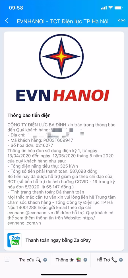 Giao diện nút thanh toán trên Zalo OA EVNHANOI