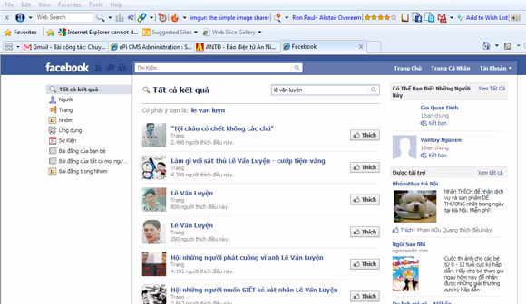 Kết quả tìm kiếm trên Facebook với từ khóa "Lê Văn Luyện"
