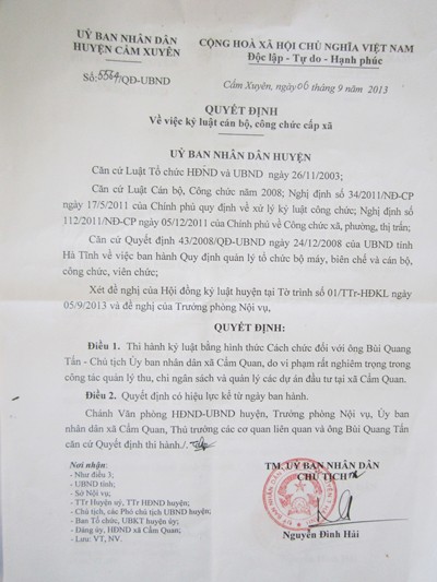 Cách chức Chủ tịch xã “rút tiền” dự án ảnh 1 Cách chức Chủ tịch xã “rút tiền” dự án ảnh 1