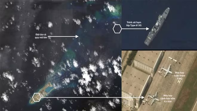 Tàu trinh sát, máy bay quân sự Trung Quốc hiện diện trái phép ở quần đảo Trường Sa của Việt Nam ngày 9-6-2021. Ảnh: Maxar