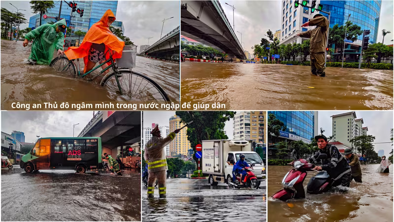 Hình ảnh Công an Thủ đô ngâm mình trong nước ngập để giúp dân Hình ảnh Công an Thủ đô ngâm mình trong nước ngập để giúp dân